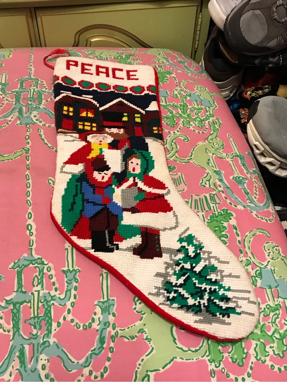 Vintage Embroidery Christmas Tree Peace Choir Carolers Stocking 19”